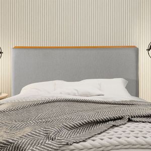 Cabeceira Cama Box Queen 1,60m Estofada Detalhe Em Madeira Java Linho Cinza