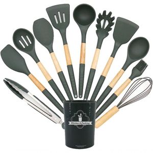 Jogo Utensílios De Cozinha Silicone Premium Cabo De Madeira 12 Peças Utilika Distribuidora® (cinza)