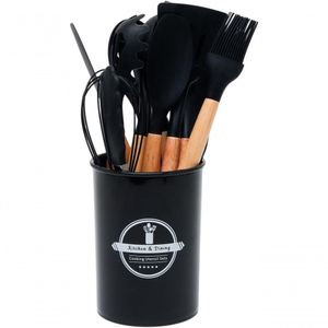 Jogo Utensílios De Cozinha Silicone Premium Cabo De Madeira 12 Peças Utilika Distribuidora® (preto)