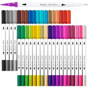 Caneta Brush Pen Ponta Dupla 2 Em 1 Colorida Lettering Caligrafia Desenho Escolar Ponta Pincel Fina Alta 48 Cores