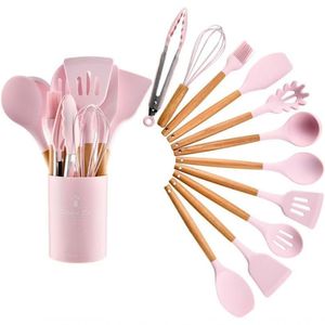 Jogo Utensílios De Cozinha Silicone Premium Cabo De Madeira 12 Peças Utilika Distribuidora® (rosa)