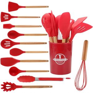 Jogo Utensílios De Cozinha Silicone Premium Cabo De Madeira 12 Peças Utilika Distribuidora® (vermelho)