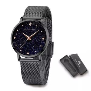 Relógio Feminino Hannah Martin Pulseira Malha De Aço Com Pedras Strass Preto