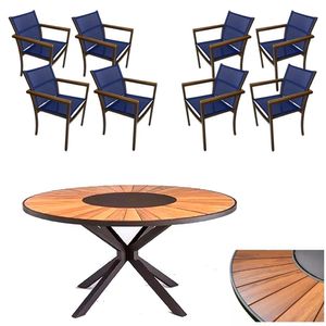 Conjunto De Mesa Jantar 1,80m Zurick Madeira Pétalas 8 Poltronas Amélia Tela Sling E Alumínio Azul