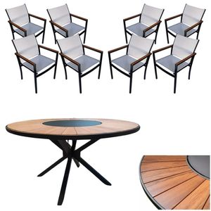 Conjunto De Mesa Jantar 1,80m Zurick Madeira Pétalas 8 Poltronas Amélia Tela Sling E Alumínio Branco