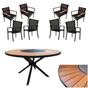Conjunto De Mesa Jantar 1,80m Zurick Madeira Pétalas 8 Poltronas Amélia Tela Sling E Alumínio Preto