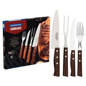 Jogo De Talheres Churrasco Tramontina Aço Inox Madeira Natural 14 Peças