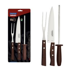 Kit Para Churrasco Tramontina Aço Inox Madeira Natural E Polipropileno 3 Peças
