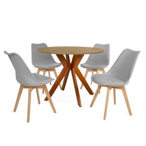 Conjunto Mesa De Jantar Redonda Marci 100cm Natural Com 4 Cadeiras Leda Cinza