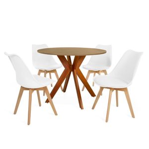Conjunto Mesa De Jantar Redonda Marci 100cm Natural Com 4 Cadeiras Leda Branco