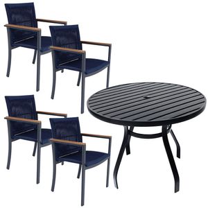 Jogo De Mesa Ripada 1,00m 4 Poltronas Amélia Corda Náutica Para Jantar Jardim Piscina Azul