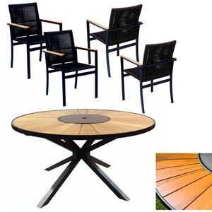 Jogo De Mesa 1,30m Zurick Madeira 4 Poltronas Corda Náutica Jantar Preto