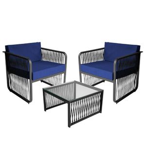 Conjunto 2 Poltronas E Mesa Centro Corda Náutica Santiago Preto-azul