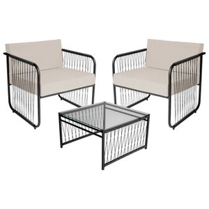 Conjunto 2 Poltronas E Mesa Centro Fibra Sintética Córdova Preto-branco