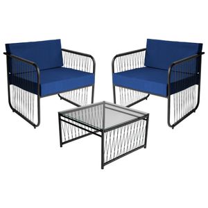 Conjunto 2 Poltronas E Mesa Centro Fibra Sintética Córdova Preto-azul