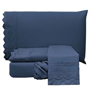 Jogo Cama Lençol Casa Scarpa Loren King Bordado Inglês Micro Percal 300 Fios 4 Peças - Azul Marinho