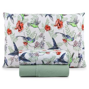 Jogo Cama Lençol Casa Scarpa Sonnet Solteiro Malha Estampada Algodão 3 Peças - Beija Flor - Verde