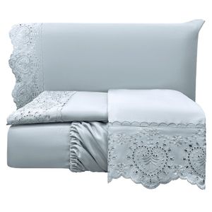 Jogo Cama Lençol Casa Scarpa Detail Casal Padrão Bordado Guipir Bordado Inglês Percal 300 Fios 4 Peças - Cinza