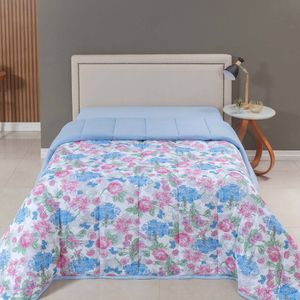 Edredom Cobertor Casa Scarpa Sonnet Solteiro Malha Estampada Dupla Face Algodão - Floral - Azul Turquesa