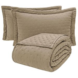 Kit Cobre Leito Colcha Ryviera Queen Dupla Face 3 Peças Cáqui 100% Poliéster
