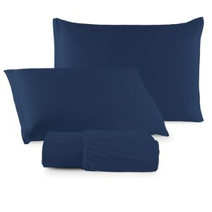 Jogo De Cama Lençol Sereno King Em Malha Algodão Azul Marinho 100% Algodão