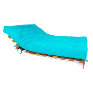 Sofá Cama Casal Futon Tokio Azul Turquesa Madeira Maciça Grapia Cor Natural