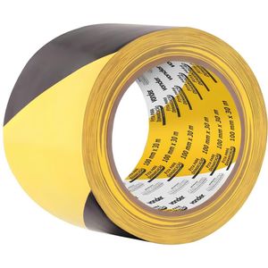 Fita Demarcação Adesiva 100mm X 30m Zebrada Vonder Sinalização Preta E Amarela Isolamento Segurança