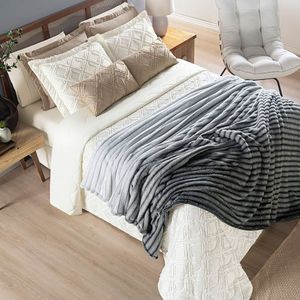 Coordenado Cobre Leito E Cobertor Fluflu Queen Ultrasoft Alto Relevo Dupla Face Cinza 100% Poliéster