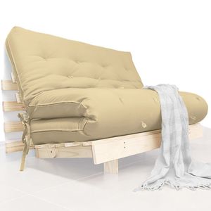 Futon Casal Tokio Sofa Cama Bege Sarja Impermeável Com Madeira Maciça