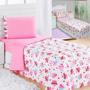 Kit Coordenado Edredom Com Lençol Solteiro Alegria Rosa 100% Poliéster