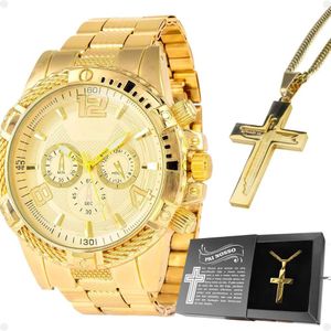 Relogio Masculino Banhado Aço + Cordão Crucifixo + Caixa Pallyjane