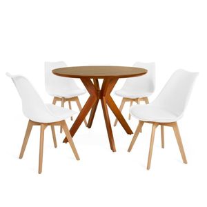 Conjunto Mesa De Jantar Redonda Marci Premium 100cm Natural Com 4 Cadeiras Leda - Branco