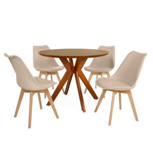 Conjunto Mesa De Jantar Redonda Marci Premium 100cm Natural Com 4 Cadeiras Leda - Nude