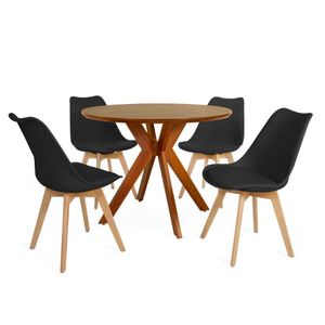 Conjunto Mesa De Jantar Redonda Marci Premium 100cm Natural Com 4 Cadeiras Leda - Preto