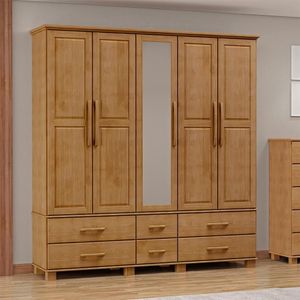 Guarda Roupa 5 Portas 6 Gavetas Espelho Madeira Maciça 208 Cm 2253 Freijo Milani Store