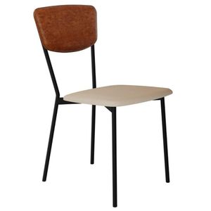 Cadeira Estofada Para Sala De Jantar Village Preto C01 Linho Areia Courino Caramelo - Lyam Decor