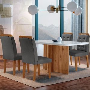 Sala De Jantar Mesa Olímpia 120cm Mdf Vidro Canto Copo Com 4 Cadeiras Carol Moderna Grafite Off White E Imbuia