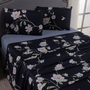 Jogo De Lençol Mabele King 4 Peças Micro Percal 400 Fios Estampado Floral - Azul Marinho