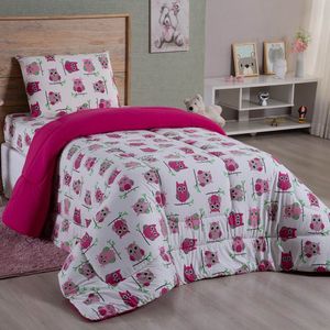 Edredom Fantasy Solteiro 01 Peça Infantil Tecido Malha 100% Algodão Macio Dupla Face - Coruja Rose