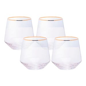 Jogo 4 Copos De Whisky Baixo Drinks Vidro Lines Fio De Ouro Borda Dourada 330ml Wolff