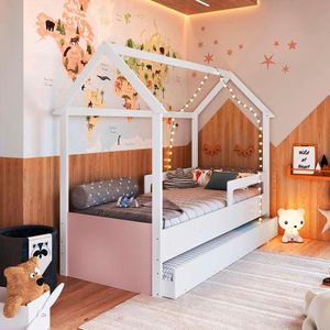 Bicama Casinha Montessoriana Infantil Solteiro Sonho Shop Jm Branco Rosa