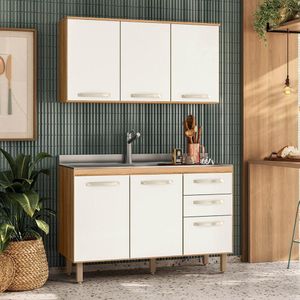 Cozinha Compacta 2 Peças 1,20 M 5 Portas 3 Gavetas Freijó Off White Cristal Bit Nicioli