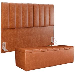 Kit Cabeceira Cama Box Casal King 195cm Com Calçadeira Baú Dália W01 Couríssimo Camel - Lyam
