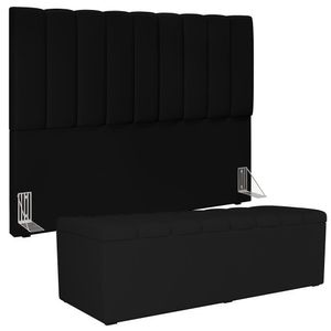 Kit Cabeceira Cama Box Casal King 195cm Com Calçadeira Baú Dália W01 Suede Preto - Lyam