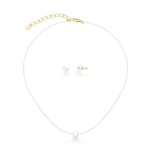 Conjunto Colar Fio De Nylon E Brinco De Pérolas Lili Banho Ouro