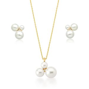 Conjunto Colar Brinco Pérolas Shell Elisa Zirconias Banhado Ouro 18k