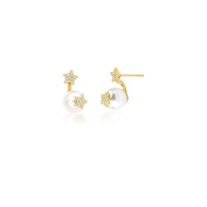 Brinco De Pérolas Com Estrela E Zirconias Banhado Em Ouro 18k