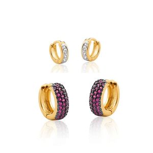 Conjunto Brinco De Argolas Primeiro E Segundo Furo Zirconias Rubi Com Argolinha Mini Banhado Em Ouro 18k