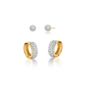 Conjunto Brinco De Argolas Com Brinco Bolinha Com Zirconias Banhado Em Ouro 18k