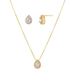 Conjunto Colar E Brinco Em Gota Luxo Com Zirconias Banhado Em Ouro 18k